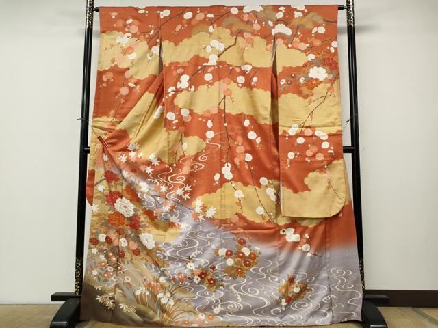 平和屋着物●豪華振袖　草木友禅　駒刺繍　花筏　暈し染め　金彩　正絹　逸品　CABL8745ut