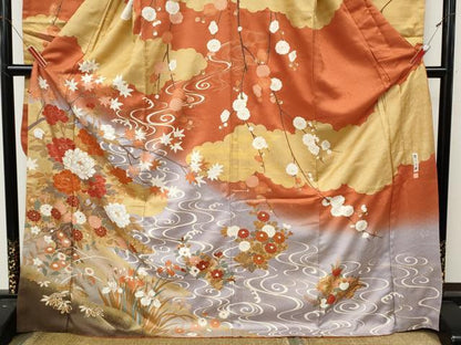 平和屋着物●豪華振袖　草木友禅　駒刺繍　花筏　暈し染め　金彩　正絹　逸品　CABL8745ut