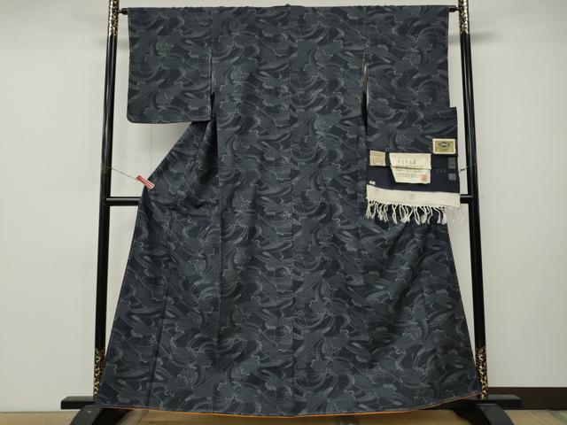 平和屋着物●上質な小紋　真綿結城紬　型染め　本草木染　飛鶴花文　証紙付き　正絹　逸品　未使用　CABL8763ut
