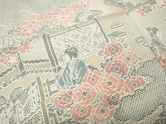 平和屋着物●本場大島紬　白大島　9マルキ　人物風景花文　正絹　逸品　CABL8770ut