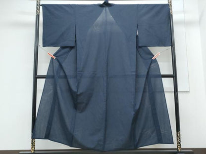 平和屋着物＊夏物　色無地　草葉紋紗　濃藍色　正絹　逸品　CABL8805th