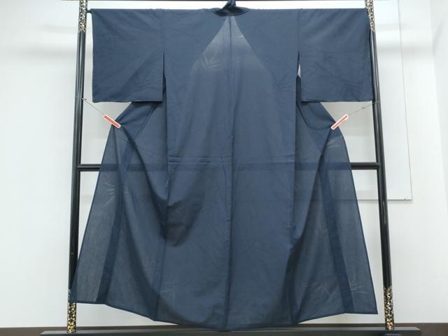 平和屋着物＊夏物　色無地　草葉紋紗　濃藍色　正絹　逸品　CABL8805th