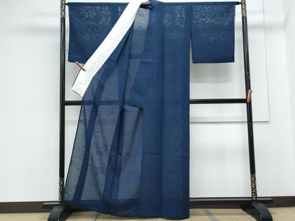 平和屋着物＊夏物　色無地　絽　舞蝶紋紗　留紺色　正絹　逸品　CABL8831th