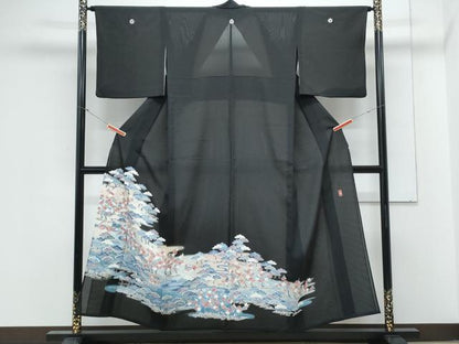 平和屋着物＊夏物　黒留袖　絽　友禅　作家物　鴛鴦風景文　暈し染め　正絹　逸品　CABL8840th