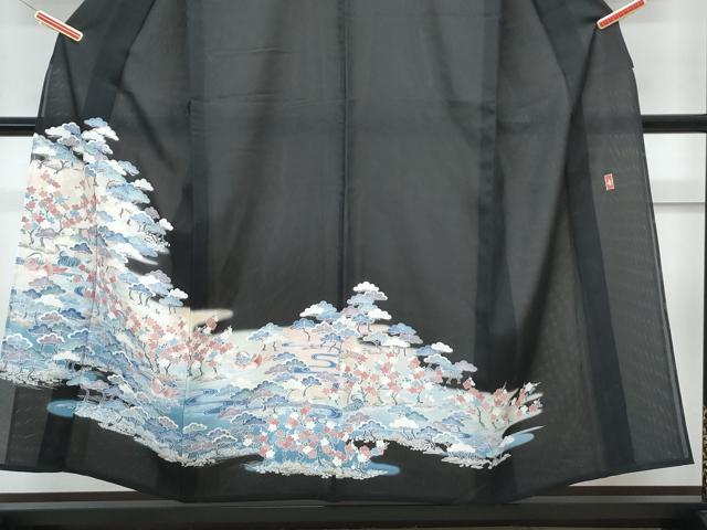 平和屋着物＊夏物　黒留袖　絽　友禅　作家物　鴛鴦風景文　暈し染め　正絹　逸品　CABL8840th