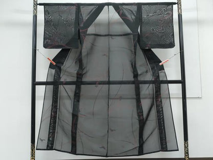 平和屋着物＊夏物　小紋　紗　草花文　黒地　銀糸　正絹　逸品　CABL8971th