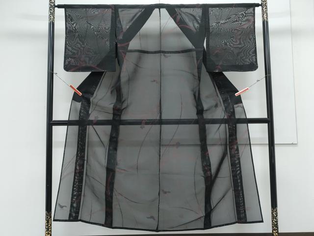 平和屋着物＊夏物　小紋　紗　草花文　黒地　銀糸　正絹　逸品　CABL8971th