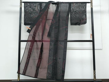 平和屋着物＊夏物　小紋　紗　草花文　黒地　銀糸　正絹　逸品　CABL8971th