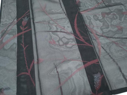 平和屋着物＊夏物　小紋　紗　草花文　黒地　銀糸　正絹　逸品　CABL8971th