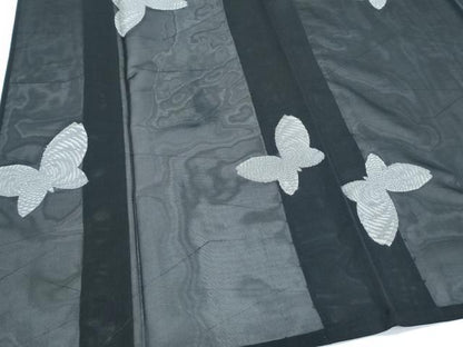 平和屋着物＊夏物　小紋　紗　舞蝶文　黒地　銀糸　正絹　逸品　CABL8999th