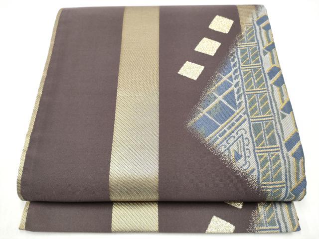 平和屋着物●六通柄袋帯 幾何学文様 金糸 正絹 逸品 CABL9602hy