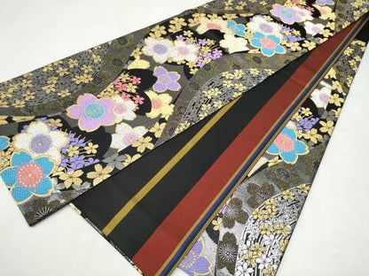 平和屋着物●両面 六通柄袋帯 唐織 舞桜文 黒地 金糸 正絹 逸品 CABL9605hy