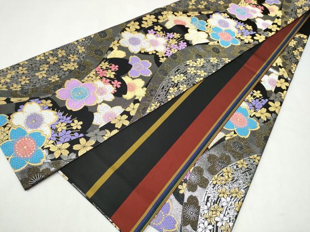 平和屋着物●両面 六通柄袋帯 唐織 舞桜文 黒地 金糸 正絹 逸品 CABL9605hy
