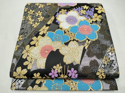 平和屋着物●両面 六通柄袋帯 唐織 舞桜文 黒地 金糸 正絹 逸品 CABL9605hy