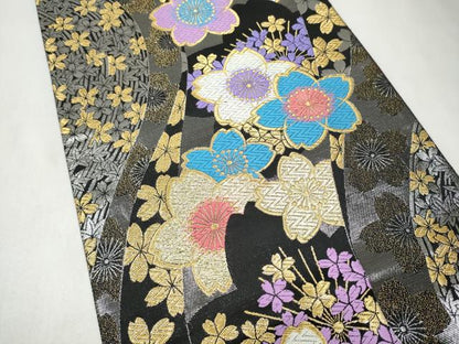 平和屋着物●両面 六通柄袋帯 唐織 舞桜文 黒地 金糸 正絹 逸品 CABL9605hy