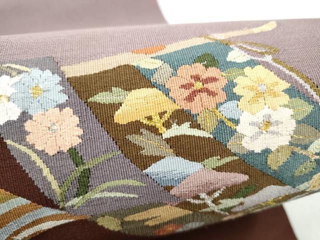 平和屋着物●爪搔き本綴れ　八寸名古屋帯　几帳草花文　金銀糸　正絹　逸品　CABL9606hy