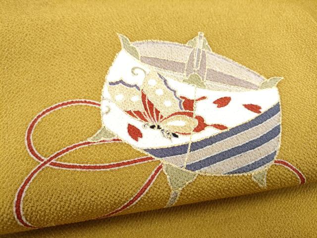 平和屋着物●九寸名古屋帯　糸巻き花蝶文　金彩　鬼しぼ縮緬　正絹　逸品　CABL9608hy