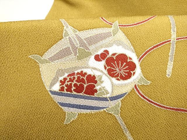 平和屋着物●九寸名古屋帯　糸巻き花蝶文　金彩　鬼しぼ縮緬　正絹　逸品　CABL9608hy