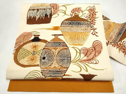 平和屋着物●全通柄　九寸名古屋帯　型染め　陶器文　鬼しぼ縮緬　正絹　逸品　CABL9612hy