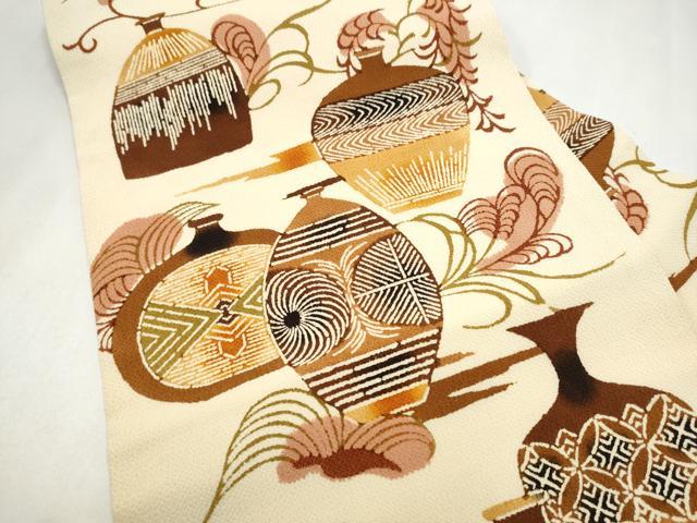 平和屋着物●全通柄　九寸名古屋帯　型染め　陶器文　鬼しぼ縮緬　正絹　逸品　CABL9612hy