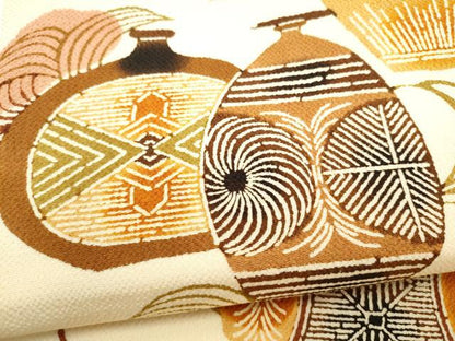 平和屋着物●全通柄　九寸名古屋帯　型染め　陶器文　鬼しぼ縮緬　正絹　逸品　CABL9612hy