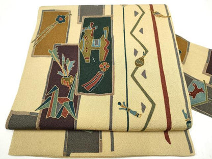 平和屋着物●全通柄　九寸名古屋帯　玩具　成物　鬼しぼ縮緬　正絹　逸品　CABL9619hy
