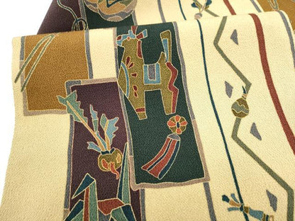 平和屋着物●全通柄　九寸名古屋帯　玩具　成物　鬼しぼ縮緬　正絹　逸品　CABL9619hy