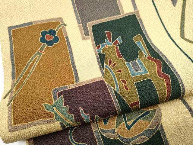 平和屋着物●全通柄　九寸名古屋帯　玩具　成物　鬼しぼ縮緬　正絹　逸品　CABL9619hy