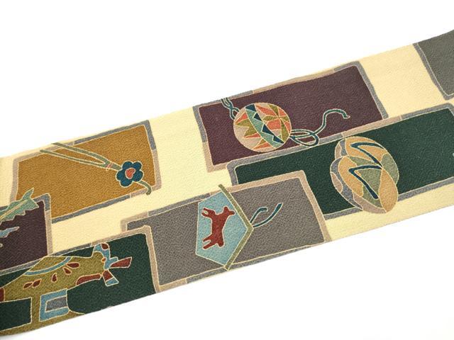 平和屋着物●全通柄　九寸名古屋帯　玩具　成物　鬼しぼ縮緬　正絹　逸品　CABL9619hy