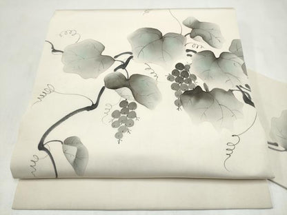 平和屋着物●塩瀬　九寸名古屋帯　作家物　手描き　葡萄蔦の葉文　正絹　逸品　CABL9625hy