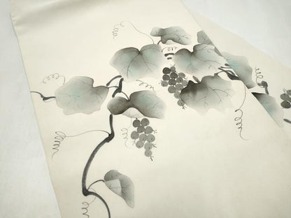平和屋着物●塩瀬　九寸名古屋帯　作家物　手描き　葡萄蔦の葉文　正絹　逸品　CABL9625hy