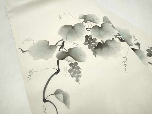 平和屋着物●塩瀬　九寸名古屋帯　作家物　手描き　葡萄蔦の葉文　正絹　逸品　CABL9625hy