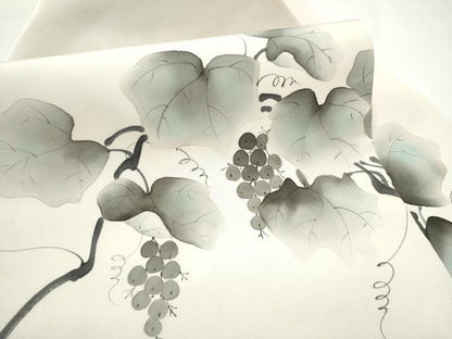 平和屋着物●塩瀬　九寸名古屋帯　作家物　手描き　葡萄蔦の葉文　正絹　逸品　CABL9625hy