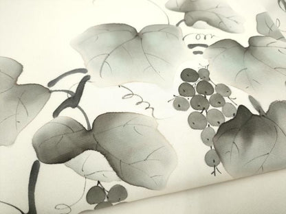 平和屋着物●塩瀬　九寸名古屋帯　作家物　手描き　葡萄蔦の葉文　正絹　逸品　CABL9625hy