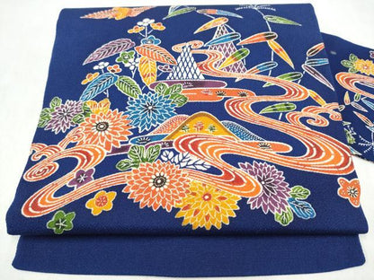 平和屋着物●九寸名古屋帯　型染め　遠山流水草花文　鬼しぼ縮緬　正絹　逸品　CABL9631hy