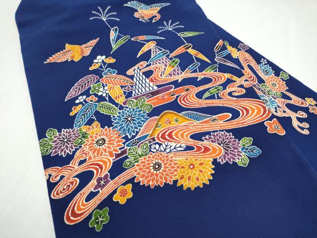 平和屋着物●九寸名古屋帯　型染め　遠山流水草花文　鬼しぼ縮緬　正絹　逸品　CABL9631hy