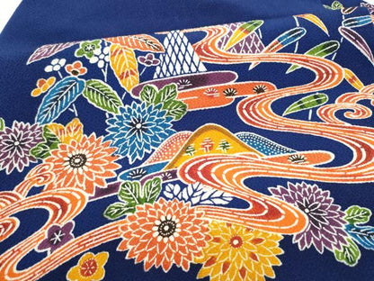 平和屋着物●九寸名古屋帯　型染め　遠山流水草花文　鬼しぼ縮緬　正絹　逸品　CABL9631hy