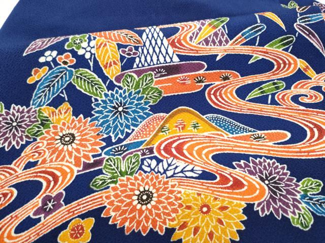 平和屋着物●九寸名古屋帯　型染め　遠山流水草花文　鬼しぼ縮緬　正絹　逸品　CABL9631hy