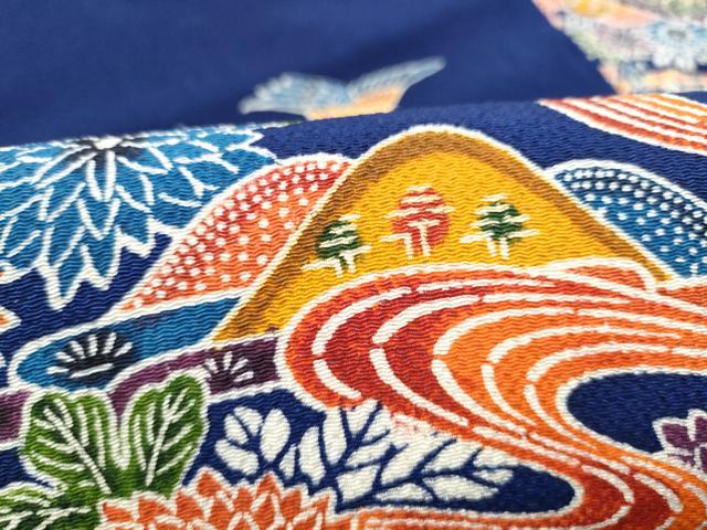 平和屋着物●九寸名古屋帯　型染め　遠山流水草花文　鬼しぼ縮緬　正絹　逸品　CABL9631hy