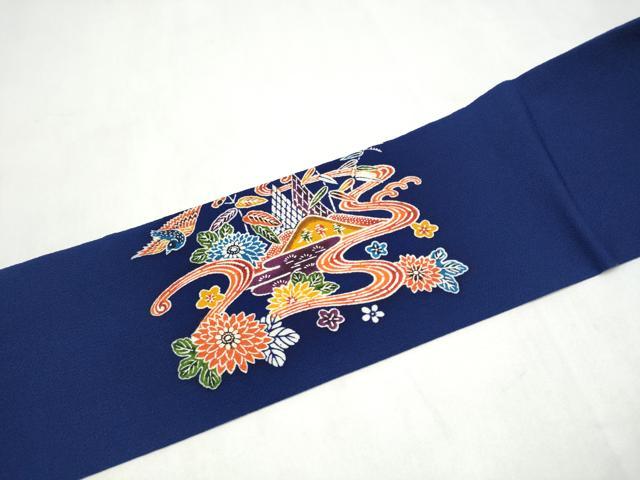 平和屋着物●九寸名古屋帯　型染め　遠山流水草花文　鬼しぼ縮緬　正絹　逸品　CABL9631hy