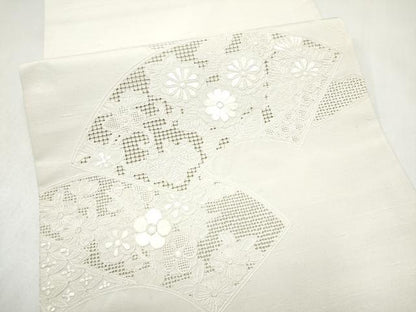 平和屋着物●中国三大刺繍　スワトウ相良刺繍　総刺繍　九寸開き名古屋帯　紬地　地紙花文　正絹　逸品　CABL9633hy