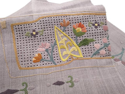 平和屋着物●中国三大刺繍　スワトウ相良刺繍　総刺繍　九寸名古屋帯　紬地　枝花文　正絹　逸品　CABL9638hy