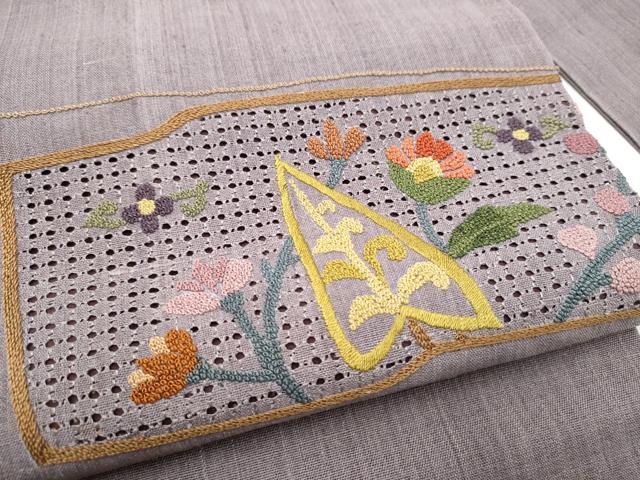 平和屋着物●中国三大刺繍　スワトウ相良刺繍　総刺繍　九寸名古屋帯　紬地　枝花文　正絹　逸品　CABL9638hy