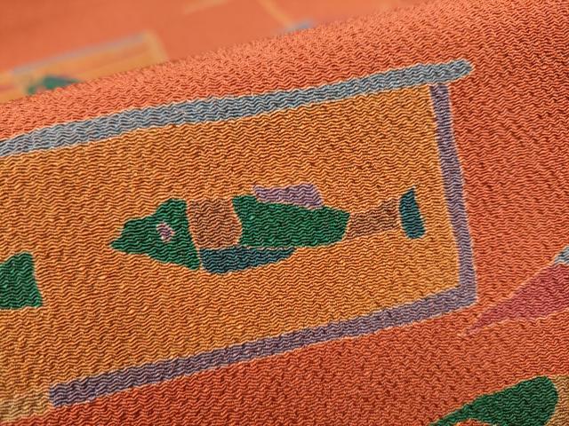 平和屋着物●全通柄　九寸名古屋帯　魚　鬼しぼ縮緬　正絹　逸品　CABL9640hy