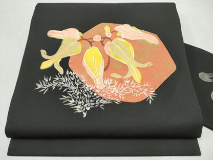 平和屋着物●九寸名古屋帯　作家物　手描き　枝花文　黒地　金彩　正絹　逸品　CABL9642hy