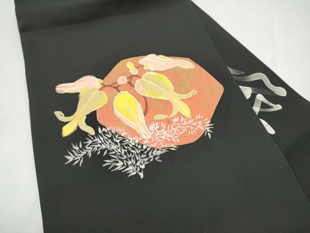 平和屋着物●九寸名古屋帯　作家物　手描き　枝花文　黒地　金彩　正絹　逸品　CABL9642hy