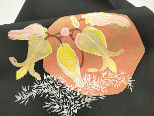 平和屋着物●九寸名古屋帯　作家物　手描き　枝花文　黒地　金彩　正絹　逸品　CABL9642hy