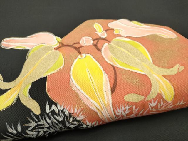 平和屋着物●九寸名古屋帯　作家物　手描き　枝花文　黒地　金彩　正絹　逸品　CABL9642hy