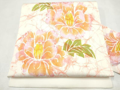 平和屋着物●塩瀬　九寸名古屋帯　ろうけつ染　草花文　正絹　逸品　CABL9643hy