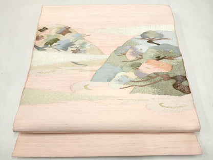 平和屋着物●八寸名古屋帯　すくい織　遠山草花文　金糸　正絹　逸品　CABL9652hy
